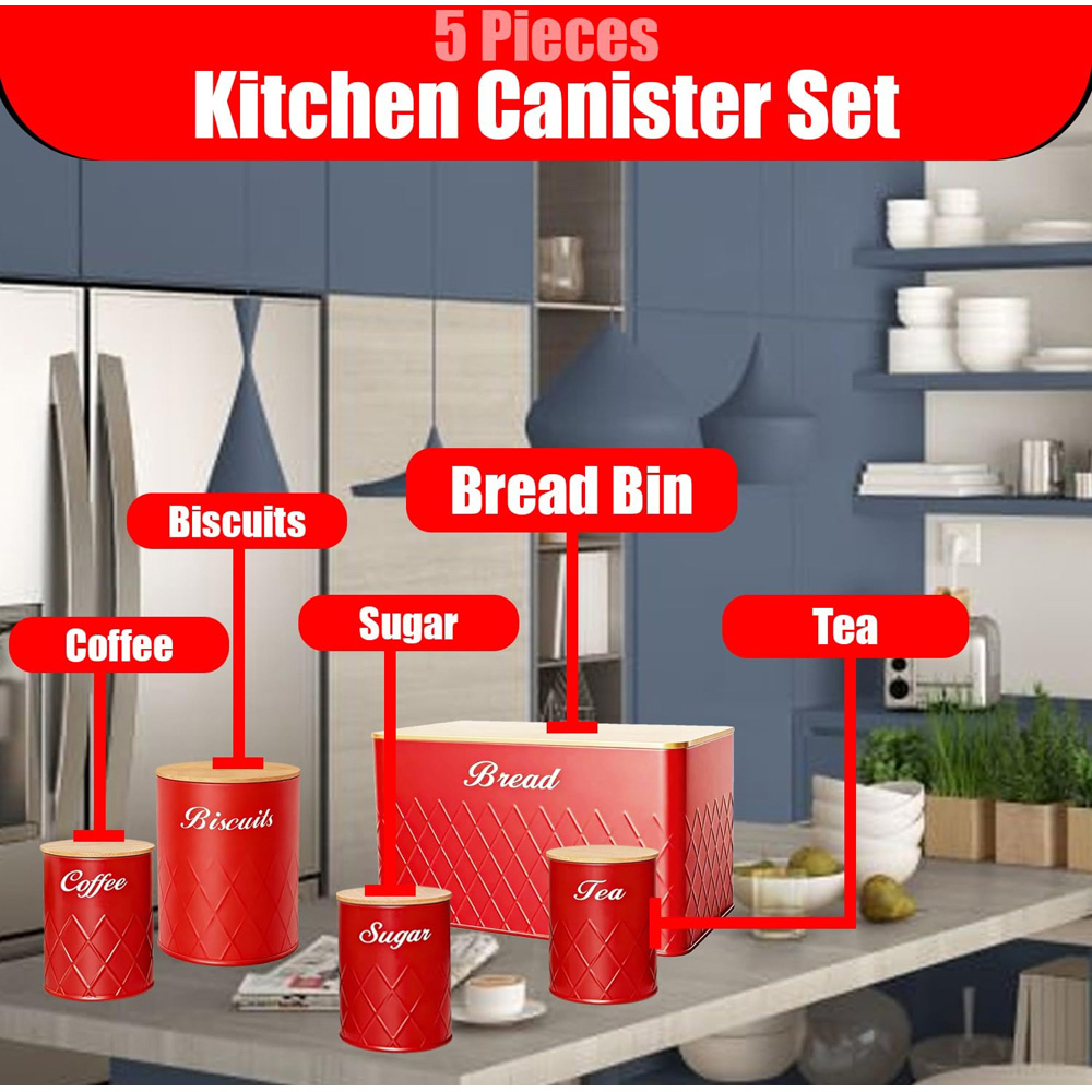 ATEK 5 Piece Red Kitchen Canister Set with Bamboo Lids Image 3