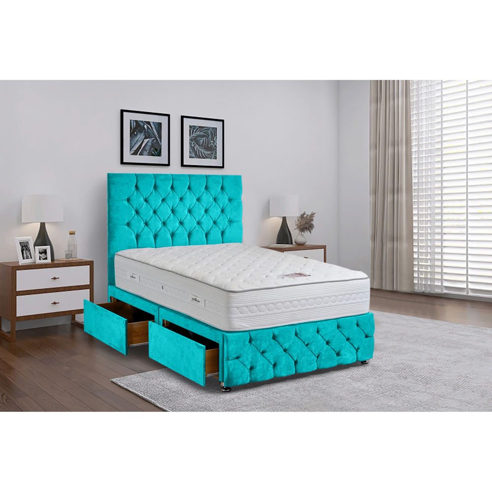 Eleganza Home Comfyzone King Size Teal Plush Velvet Divan Bed with Chesterfield Headboard Image 2