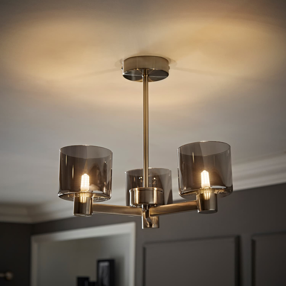 ValueLights Demi 3 Arm Smoked Glass Shade Brushed Chrome Chandelier Ceiling Light with Bulb Image 2