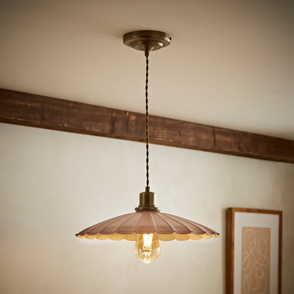 ValueLights Holborn Dusky Pink Scallop Metal Shade Brushed Gold Pendant Light with Bulb Image 2