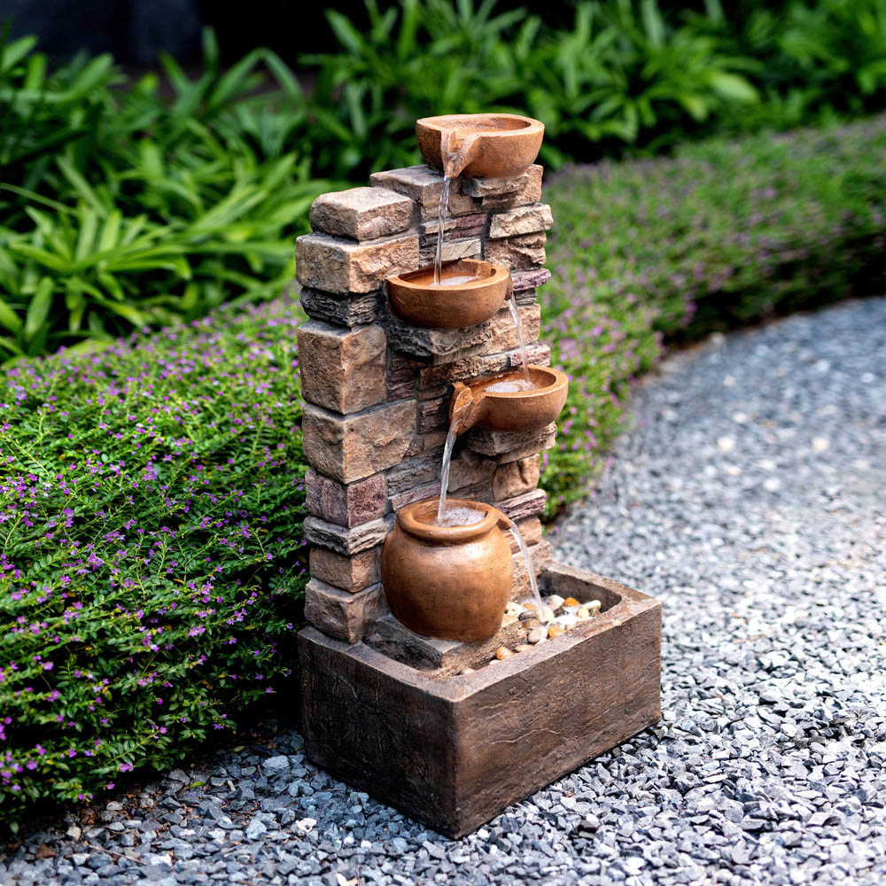 Teamson Home 4-TierLED Brown Cascading Bowl Stacked Stone Outdoor Waterfall Fountain Image 6