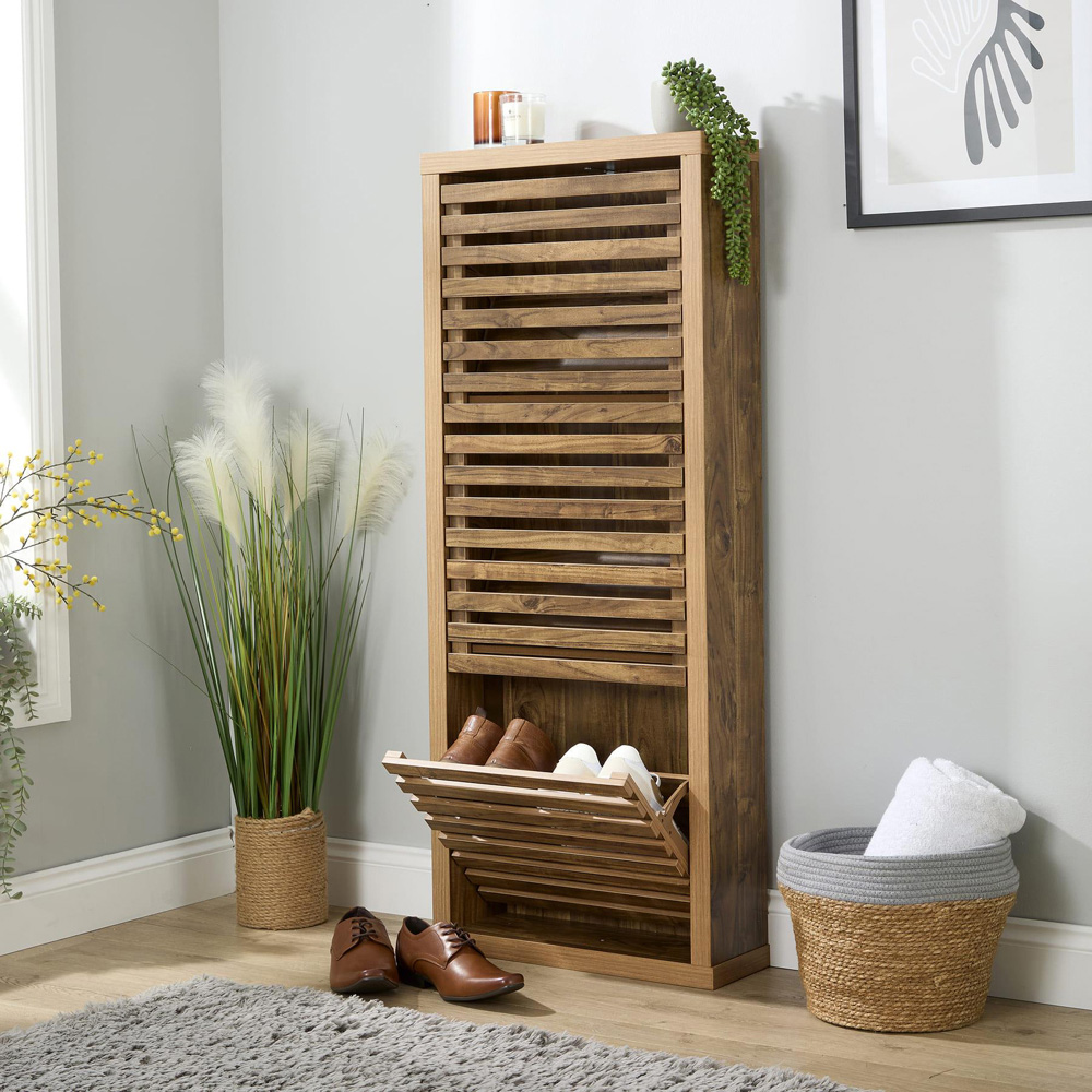 Home Source Luna 3 Flip Down Door Oak Slatted Shoe Cabinet Image 9