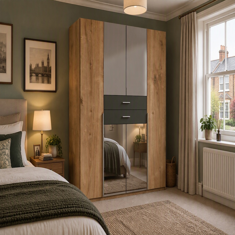 TJ'S Lviv 4 Door 2 Drawer Oak and Grey Wardrobe with Mirror Image 5