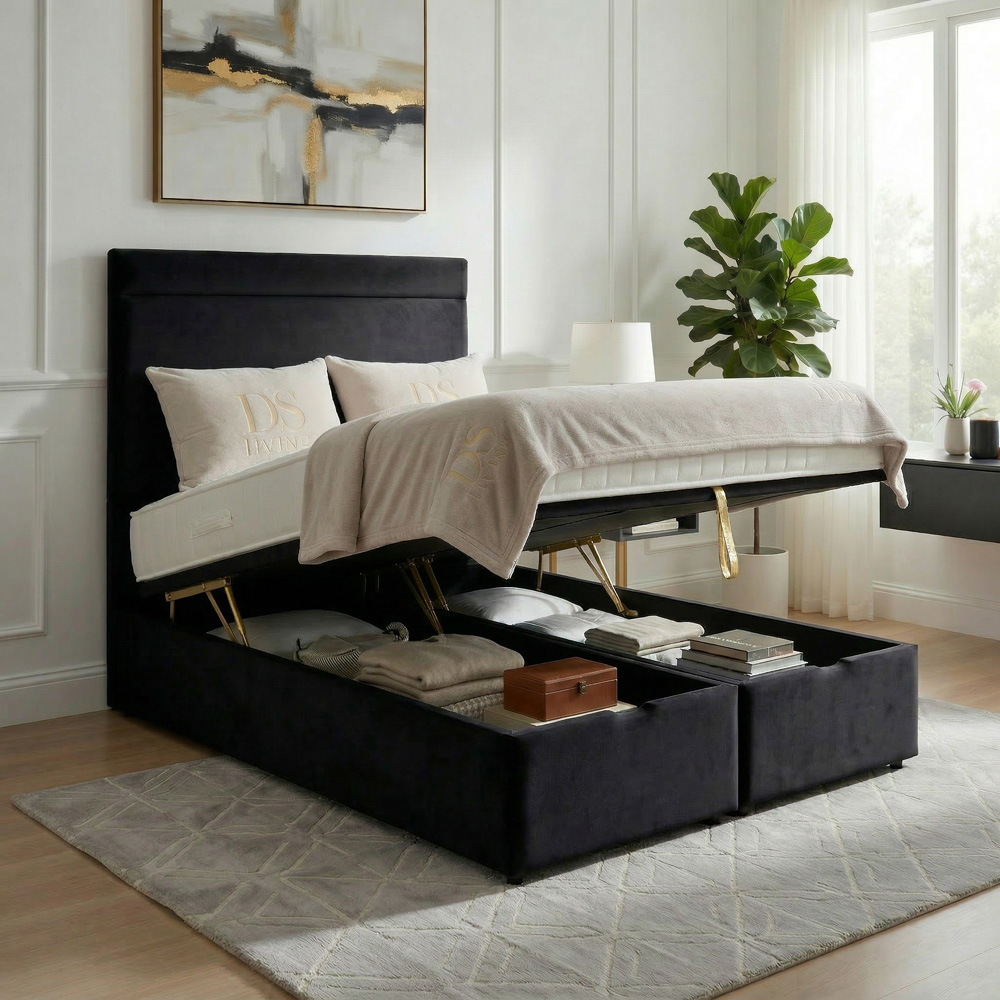 DS Living Majesty Super King Size Black Plush Velvet Ottoman Bed Image 2