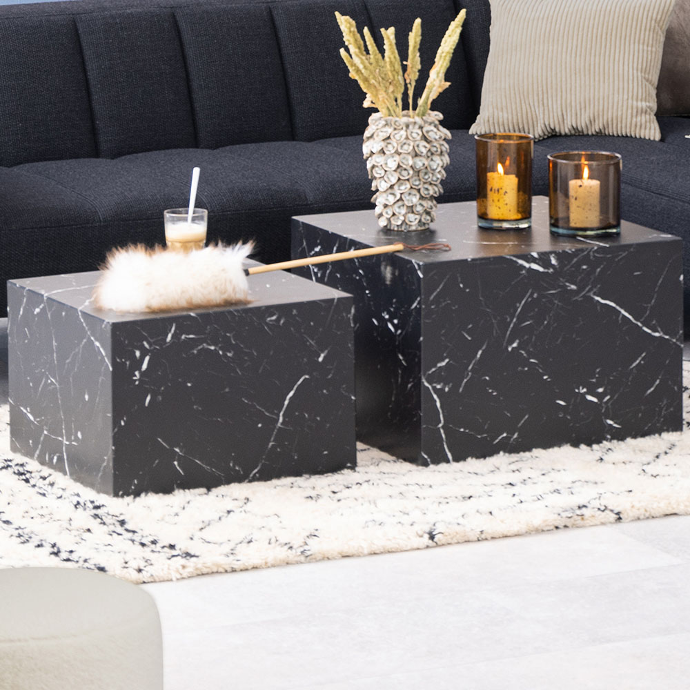 Florence Dice Square Black Marble Marquina Coffee Table Set of 2 Image 1