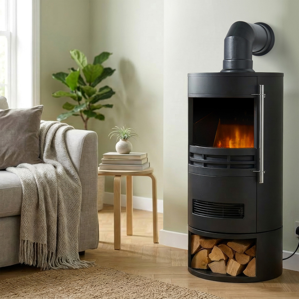 Sureflame Dunston Black Round Electric Stove with Log Storage and Angled Stove Pipe Image 2