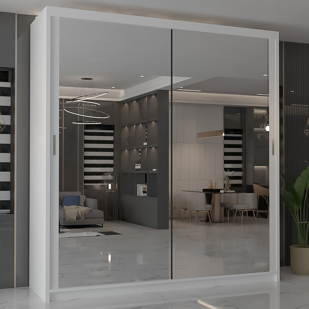 M N Furniture Modern Gala 2 Door White Mirrored Sliding Wardrobe 100cm Image 1
