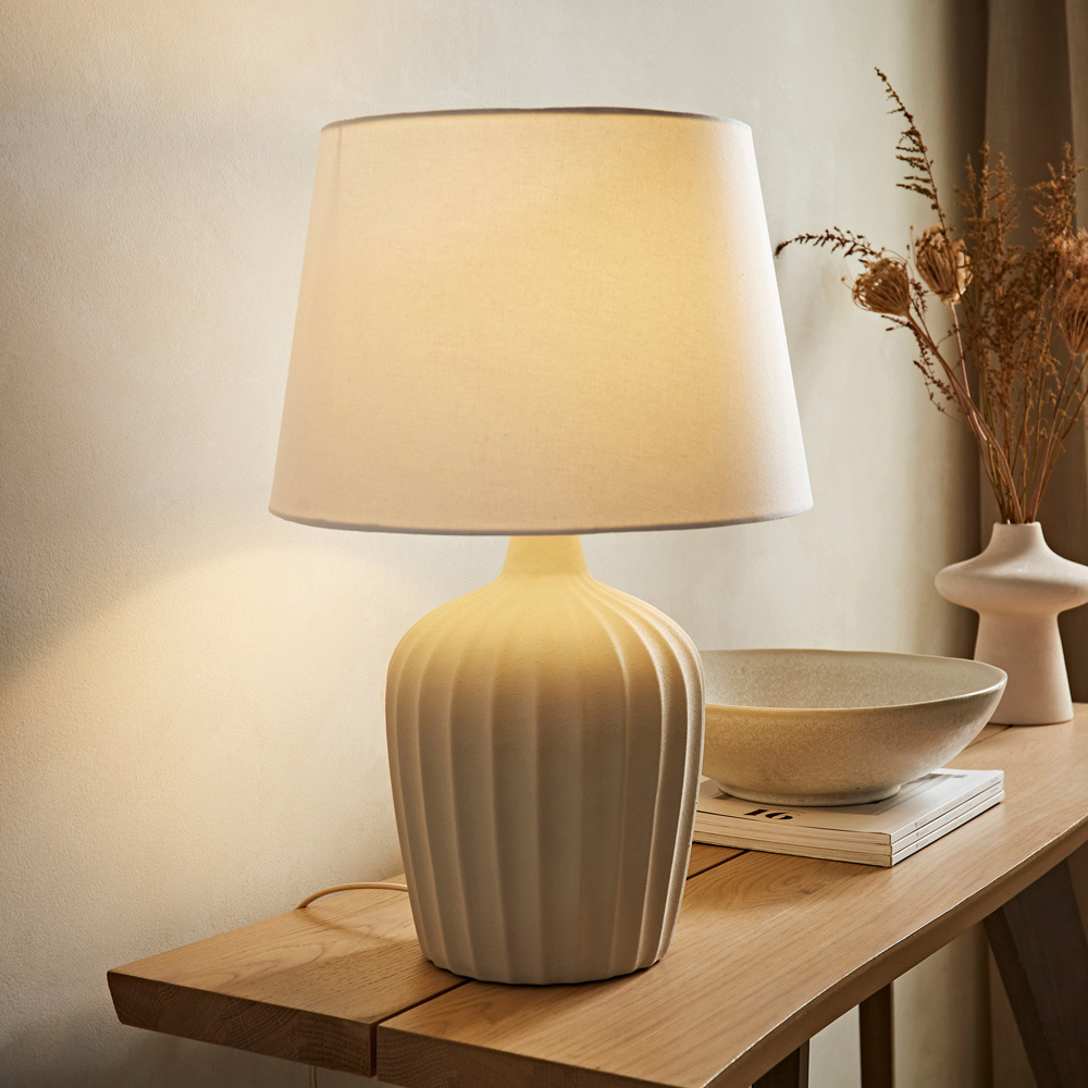 ValueLights Serena Natural Tapered Linen Lamp Shade Ribbed Ceramic Beige LED Table Lamp Image 2