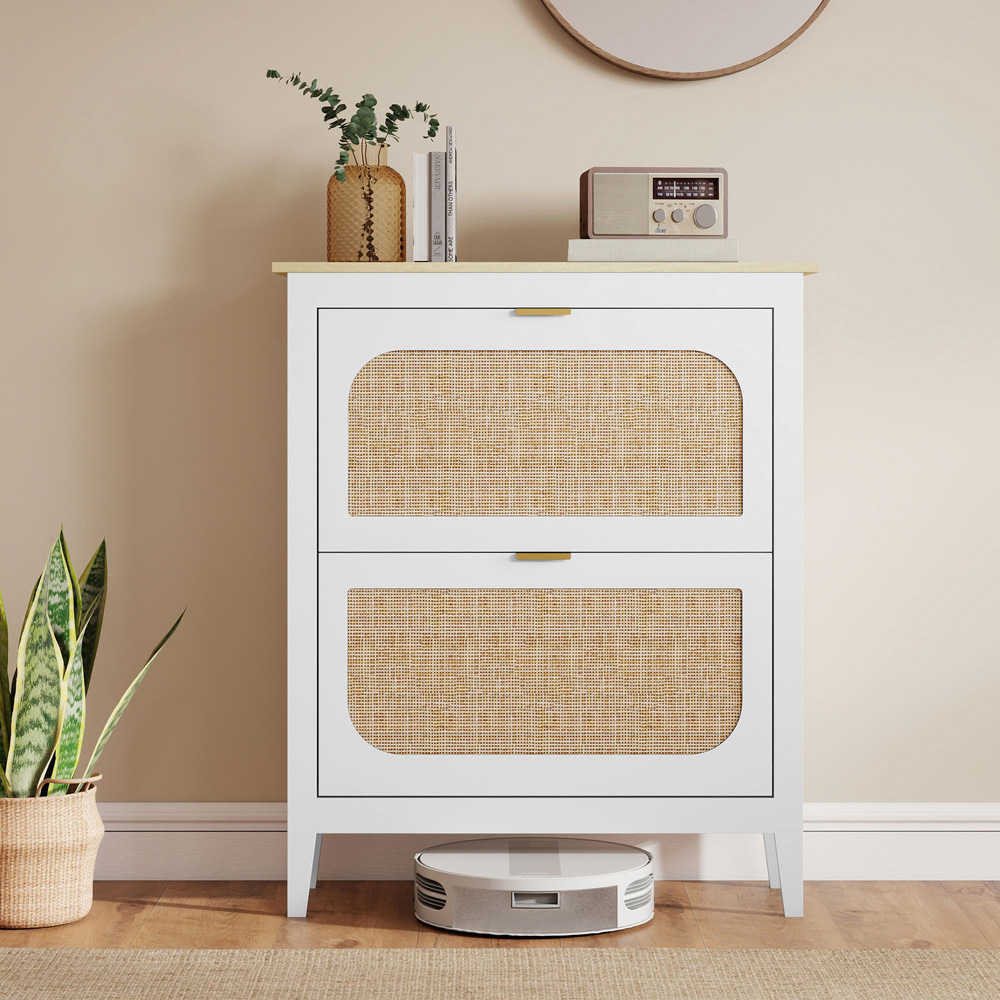 HOMCOM Boho 14 Pair White Rattan Slim Shoe Cabinet Image 4