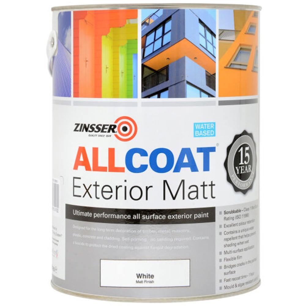 Zinsser Allcoat White Water Based Exterior Matt Paint 5L Image 2