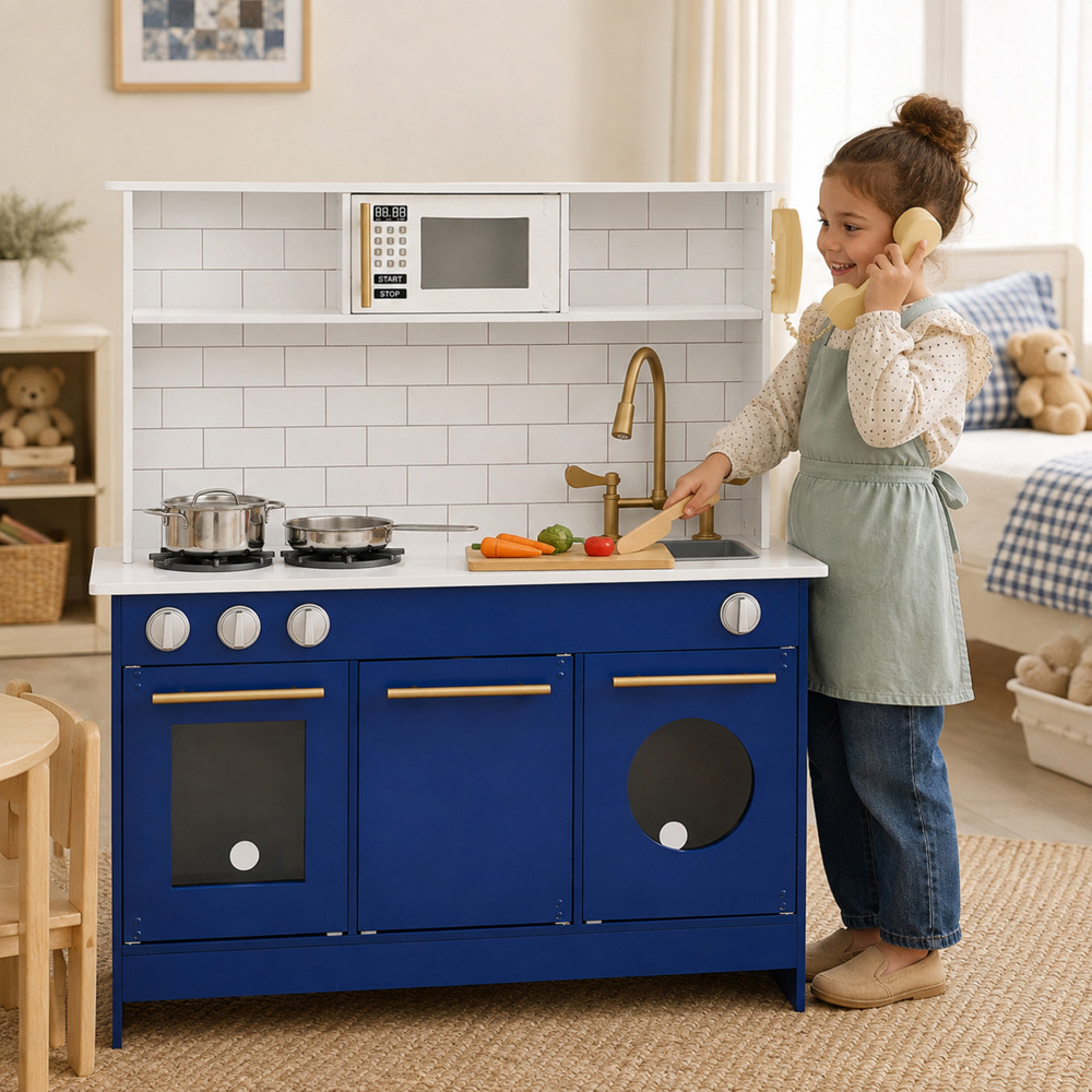Teamson Kids Little Chef Berlin Blue and White Modern Play Kitchen Set with Gold Hardware Image 2
