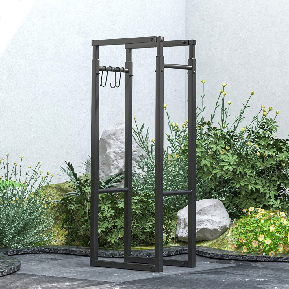 Outsunny 100-150cm Black Retractable Metal Firewood Log Storage Rack with Hooks Image 5