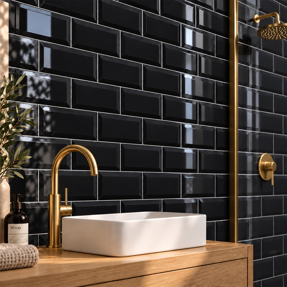 Go Bathrooms Metro Black Gloss Ceramic Wall Tile 100 x 200mm 50 Pack Image 3