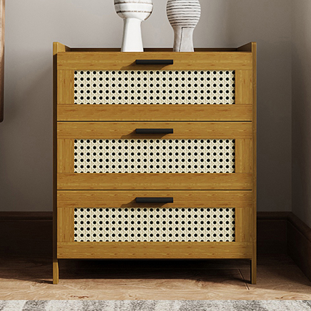 Living and Home 3 Drawer Tawny Rattan Bedside Table Image 1