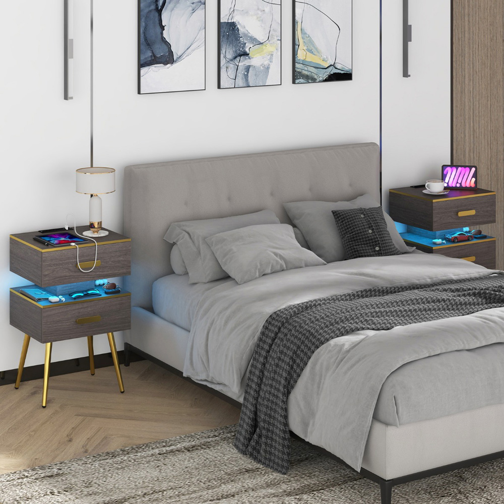 Costway 2 Drawer Single Shelf Grey Bedside Table with USB Port Image 4