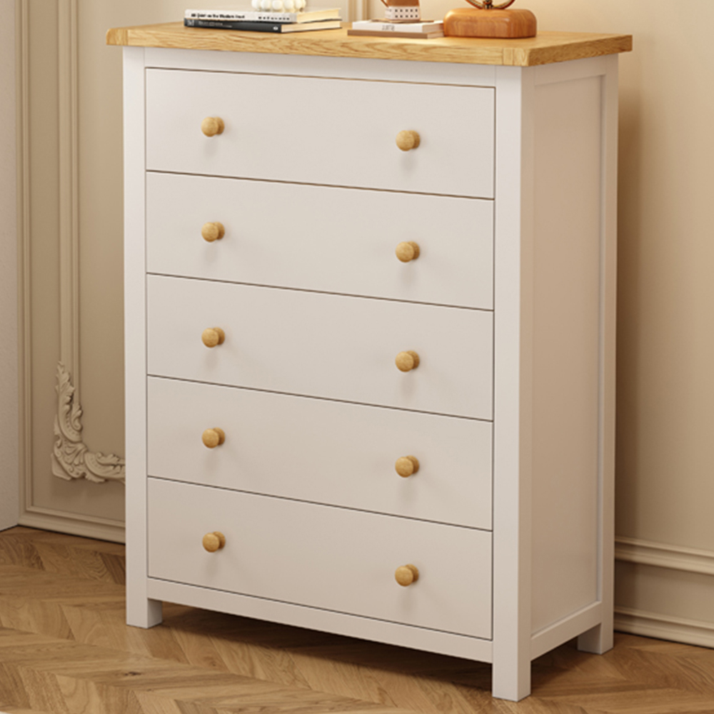 Cabinet Bits Maggiori 5 Drawer White Wood Knob Chest of Drawers Image 1