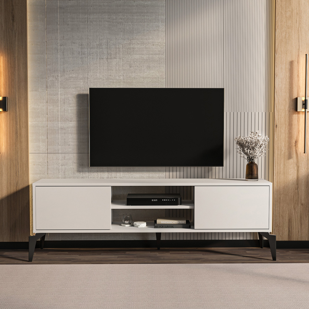 Decorotika Lojo 2 Door 2 Shelf White TV Stand for 71 inch TV Image 5