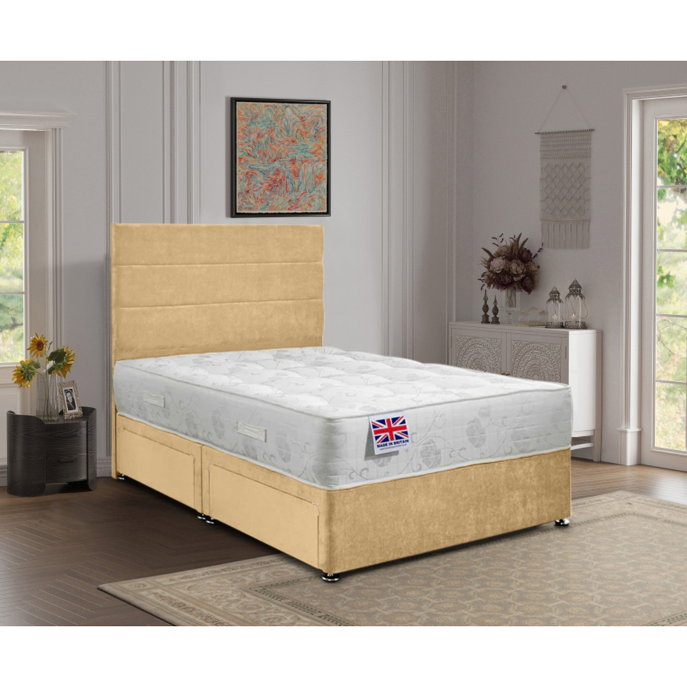 Eleganza Home Repose King Size Beige Plush Velvet 2 Drawer Divan Bed with Lined Headboard Image 2