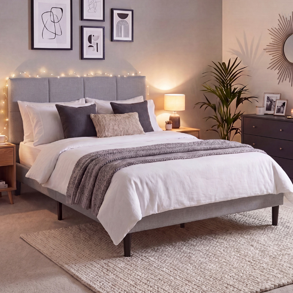 VIDA DESIGNS Velmora King Size Light Grey Linen Fabric Bed with Memory Foam Bonnell Spring Mattress Image 1