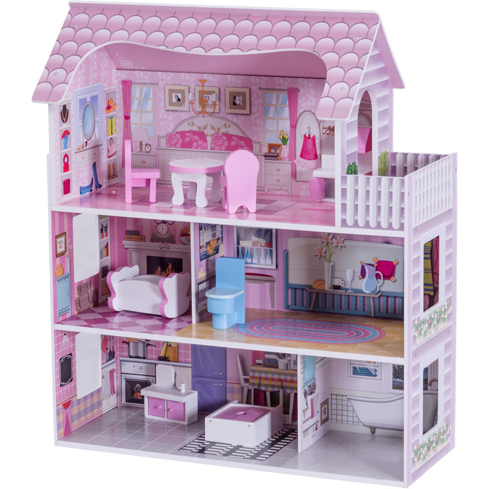 Costway Wooden Dolls House Playset with Furniture and Accessories Image 3