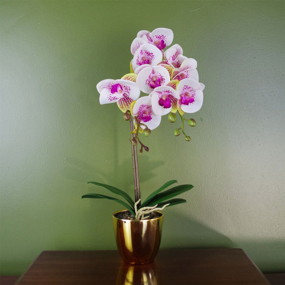 Botanik Pink Harlequin Orchid Artificial Plant in Gold Pot 48cm Image 2