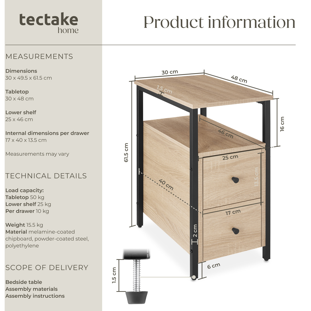 tectake Tullamore 2 Drawer Light Sonoma Oak Bedside Table Image 9