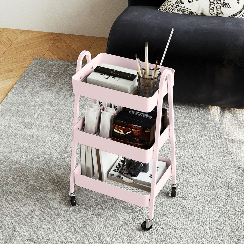 HOMCOM 3-Tier Pink Kitchen Storage Trolley Image 3