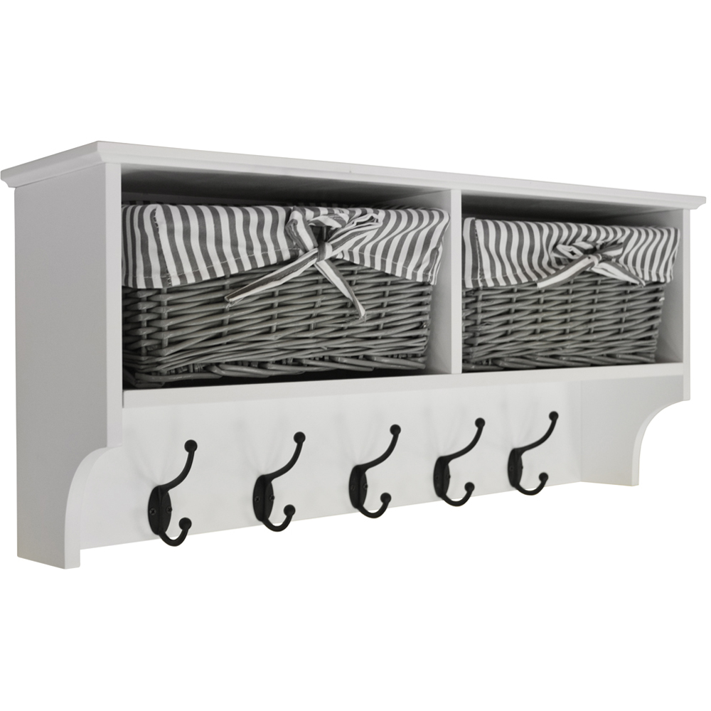 Watsons Hallway White and Grey Wall Storage Shelf with 2 Baskets and 5 Coat Hooks Image 2