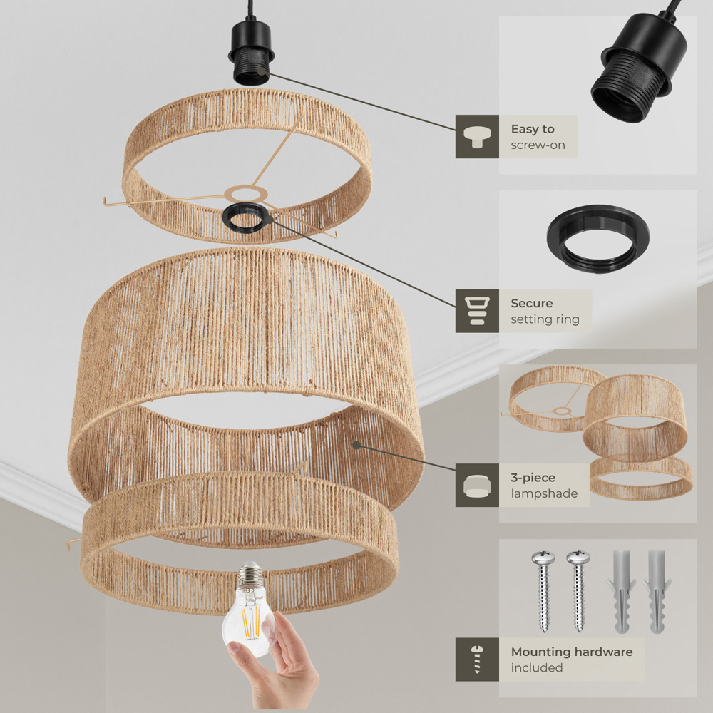 tectake Lignea 3-Tier Boho Chic Jute Fibre Pendant Light Image 3
