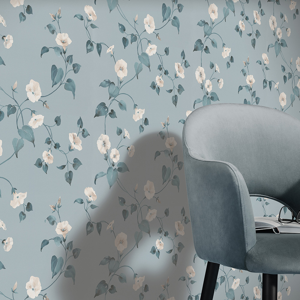Erismann Heritage Laura Floral Soft Blue Wallpaper Image 4