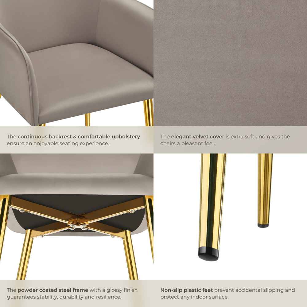 tectake Avane Set of 4 Taupe Velvet Look Padded Dining Chair Image 5