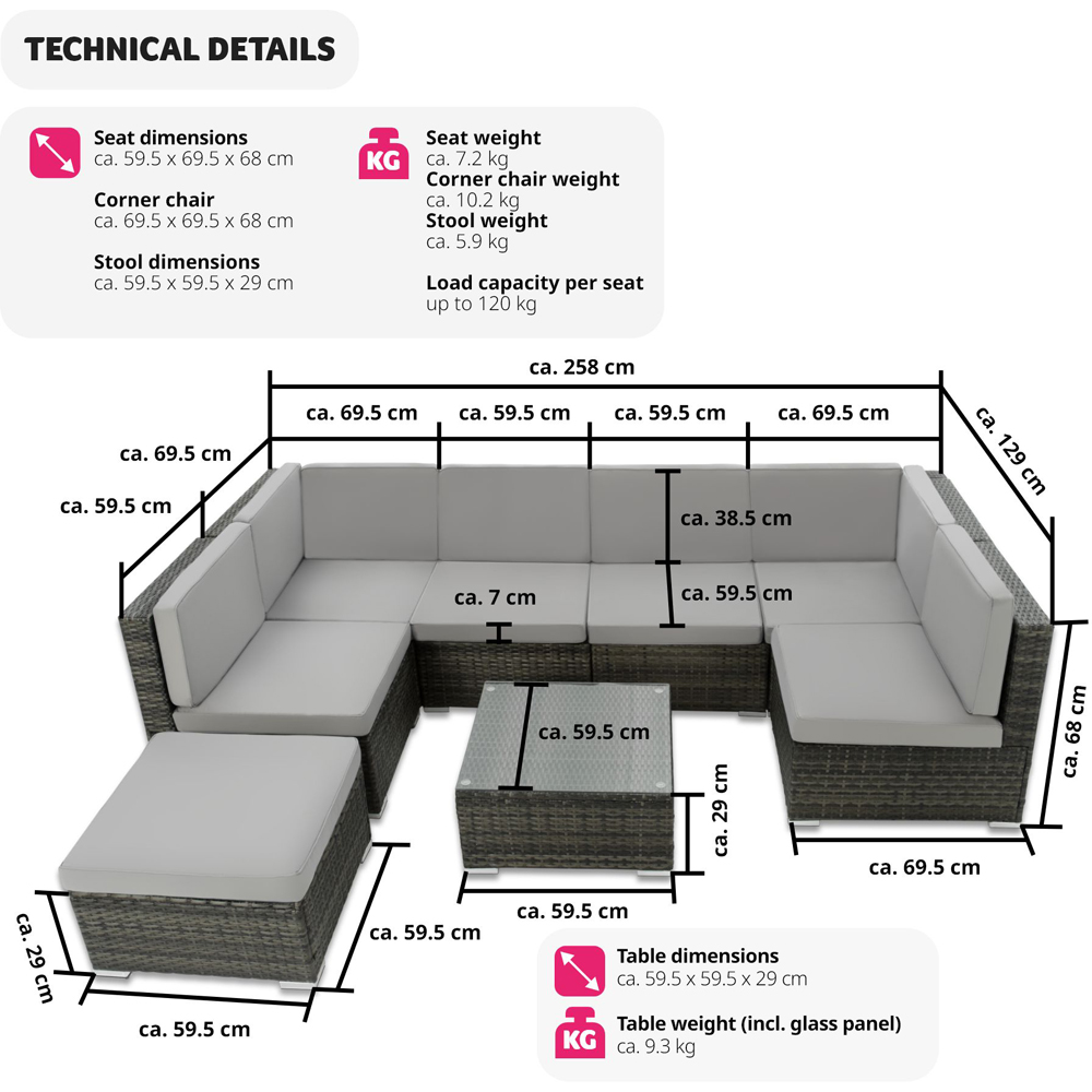 tectake Venice 7 Seater Grey Garden Sofa Set with Thick Cushions Image 9