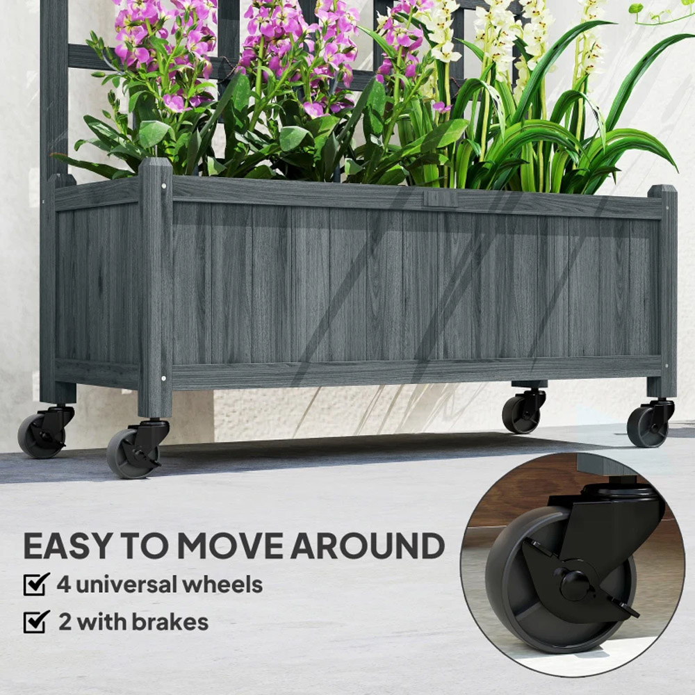 Outsunny Grey Wooden Raised Garden Bed Planter with Trellis and Wheels Image 6