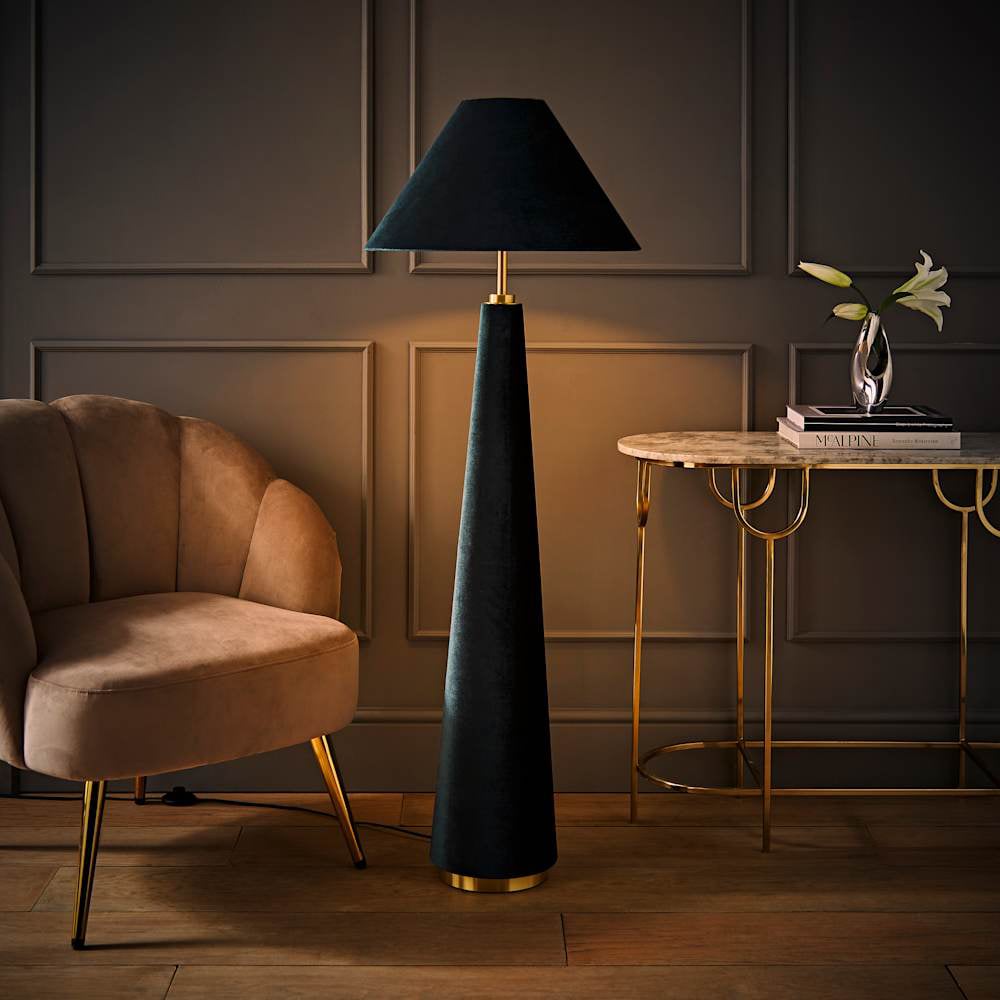 ValueLights Martha Conical Teal Velvet Midi Floor Lamp and Bulb Image 2