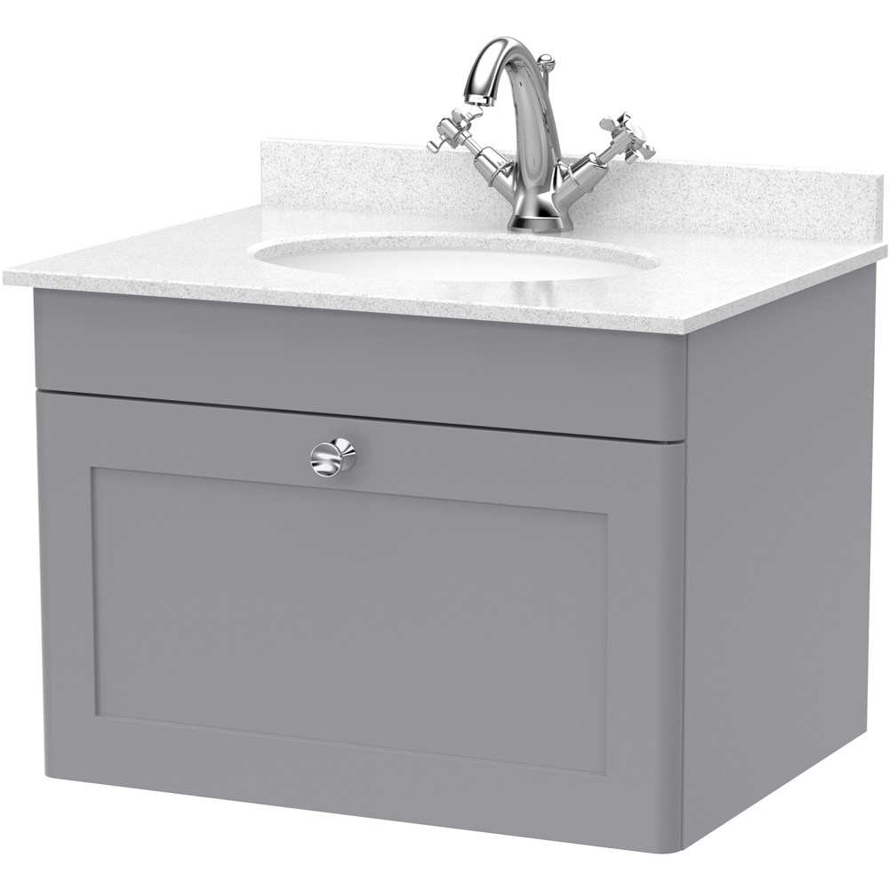 nuie Classique Single Drawer Satin Grey and White Wall Hung Unit and 1 Tap Hole Marble Basin 600mm Image 1