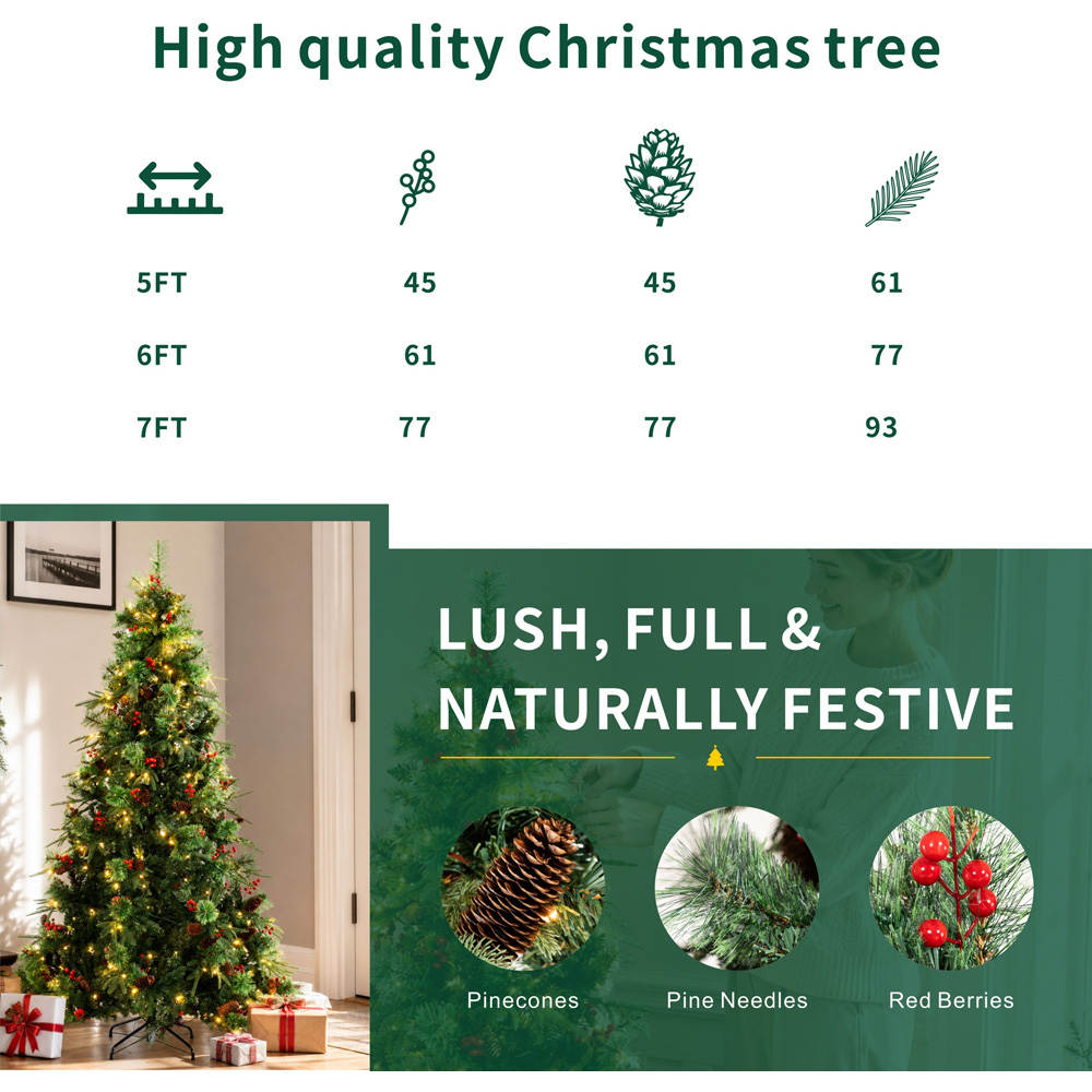 Abrihome 180 Warm White LED Pre-Lit Artificial Christmas Tree with Berries and Pinecones 5ft Image 8