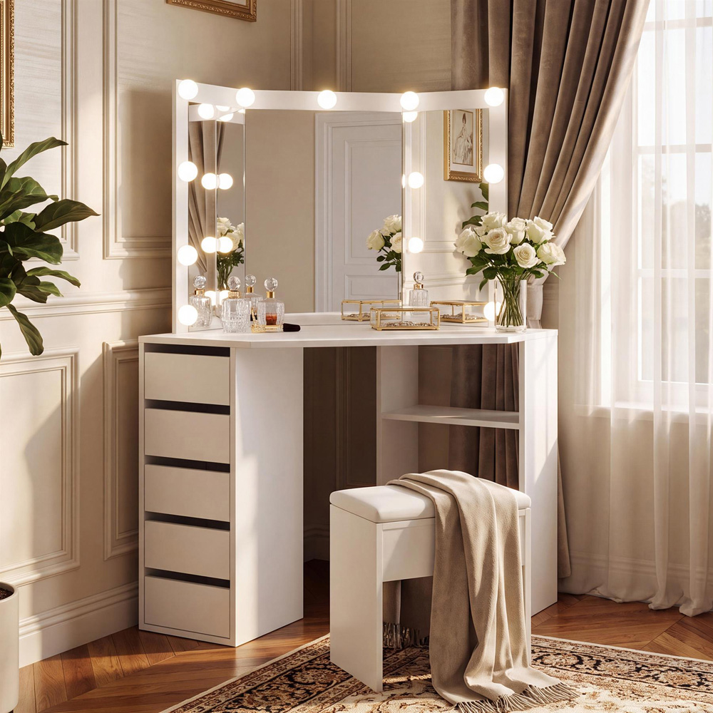 Portland 5 Drawer White Corner Dressing Table Set with LED Mirror Image 5