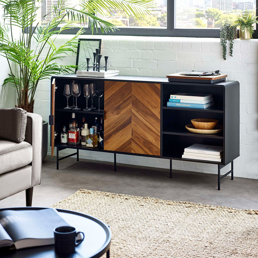 Julian Bowen Alvin 2 Door 3 Shelf Black and Chevron Natural Wood Effect Sideboard Image 6