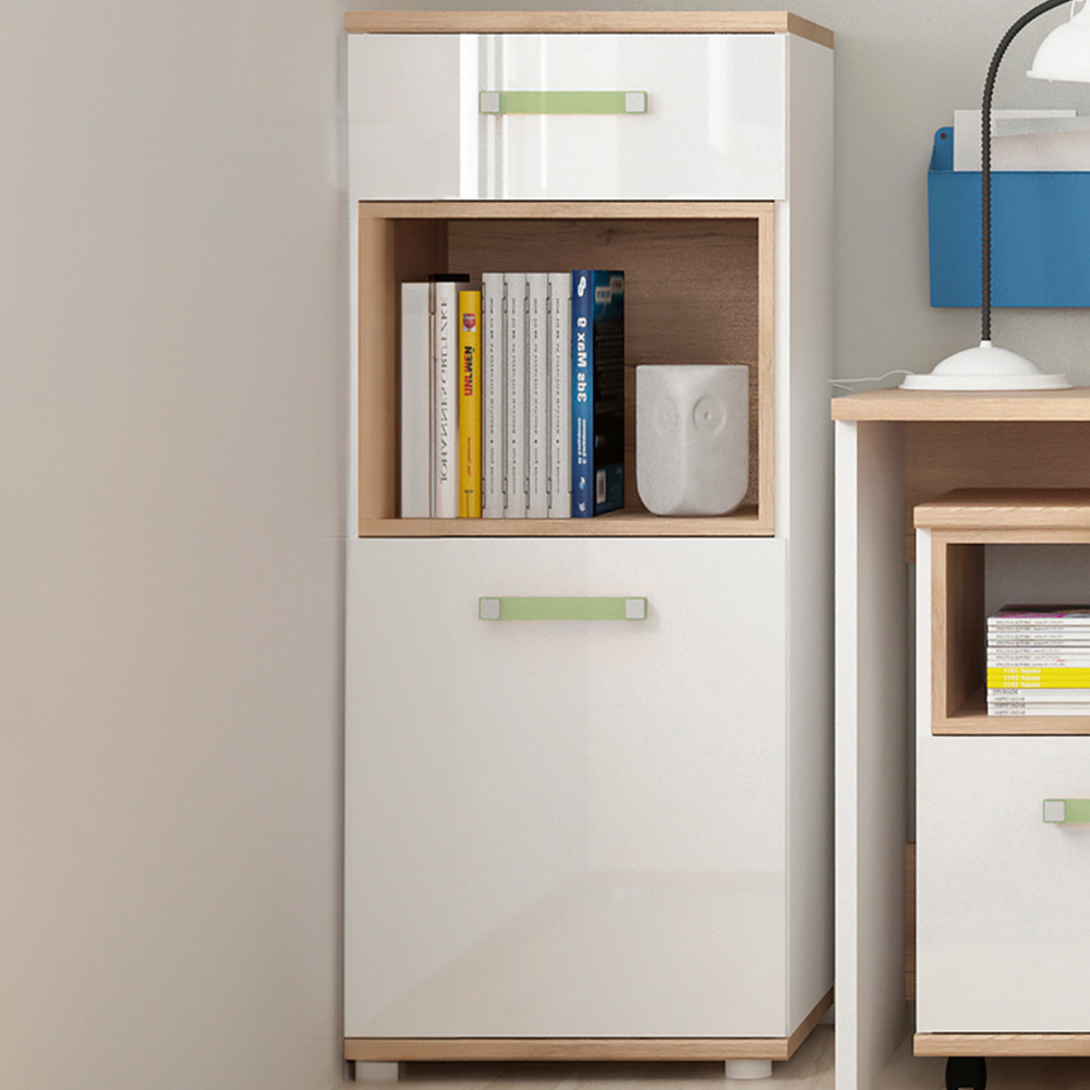 Florence 4KIDS Single Door and Drawer Oak and White Narrow Cabinet with Lemon Handles Image 1