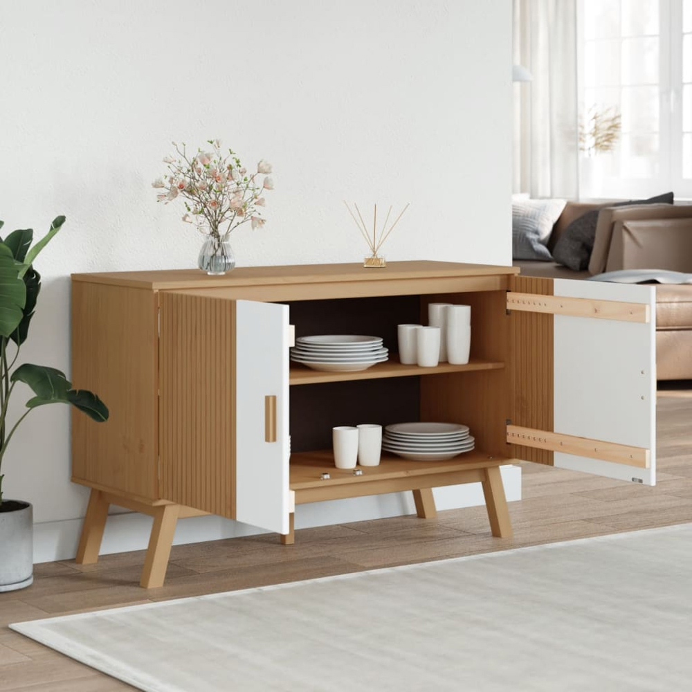 vidaXL Olden 2 Door White and Brown Solid Pine Wood Sideboard Image 9