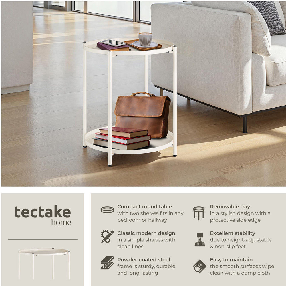 tectake Oxford 2 Shelf Cream Round Bedside Table Image 3