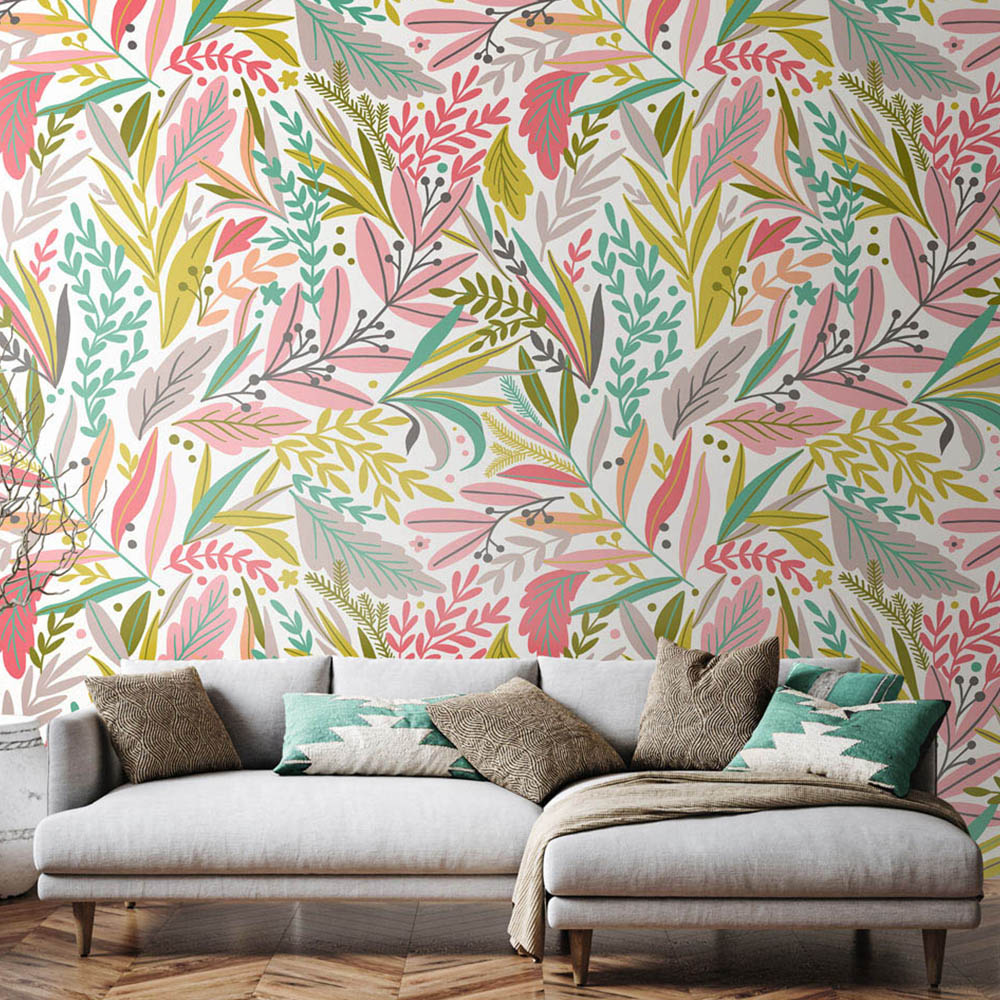 Origin Murals Repeatable Patterned Leaves Olive and Blush 3 Drop Wall Mural Image 1