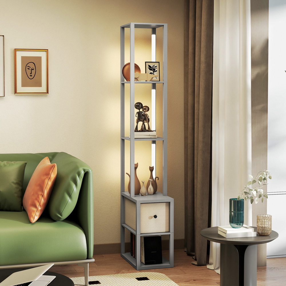 HOMCOM Single Drawer 4 Shelf Grey LED Floor Lamp Image 5