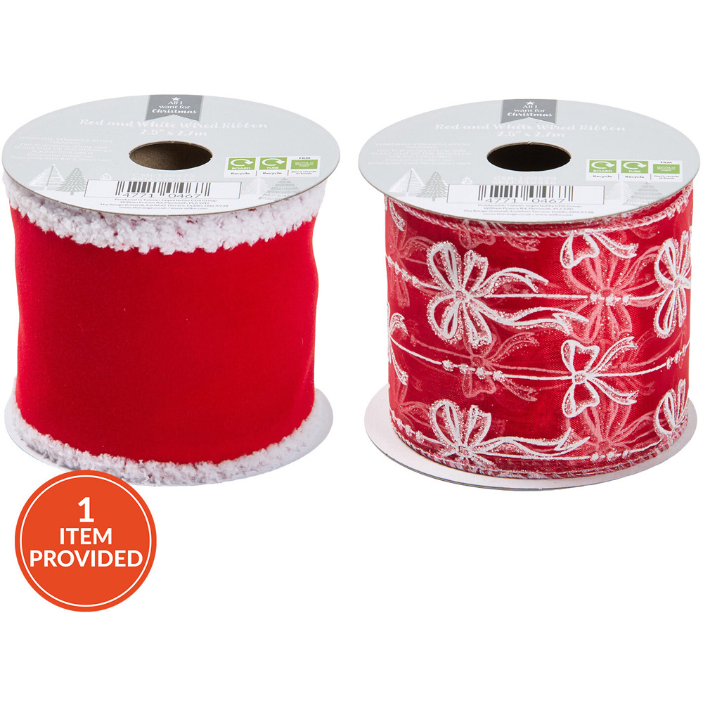 Red and White Christmas Wired Ribbon Image 1