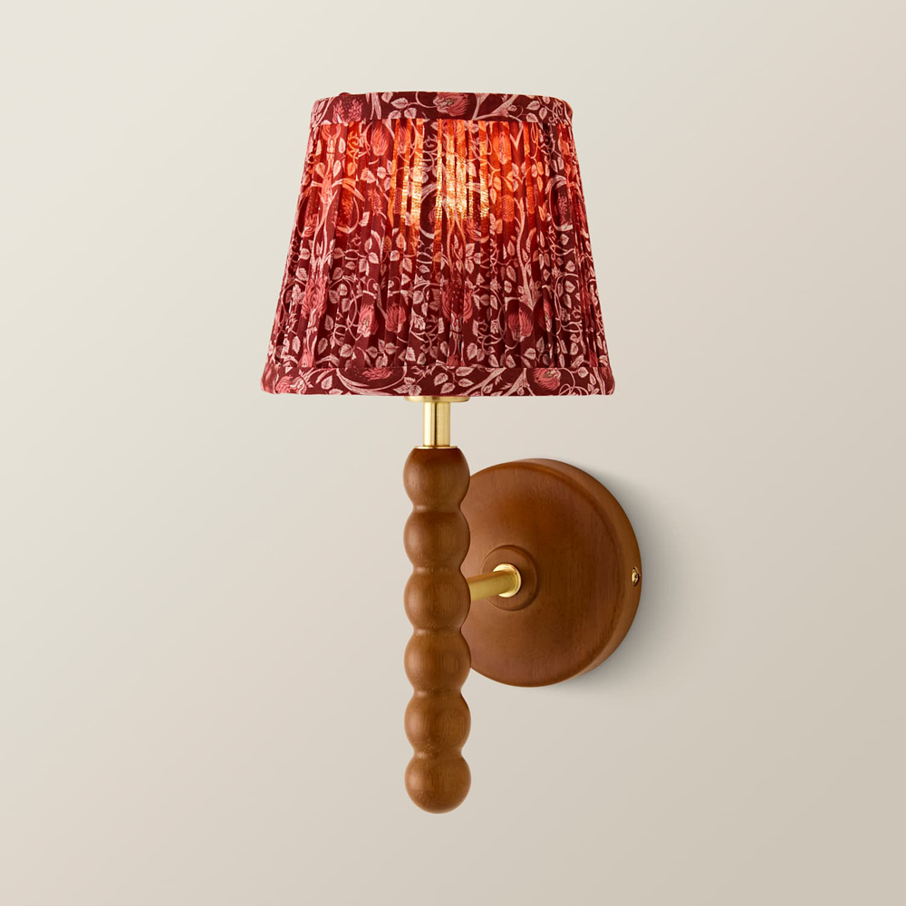 ValueLights Bobble Burgundy Floral Pleated Shade Walnut Wooden Wall Light with Bulb Image 3