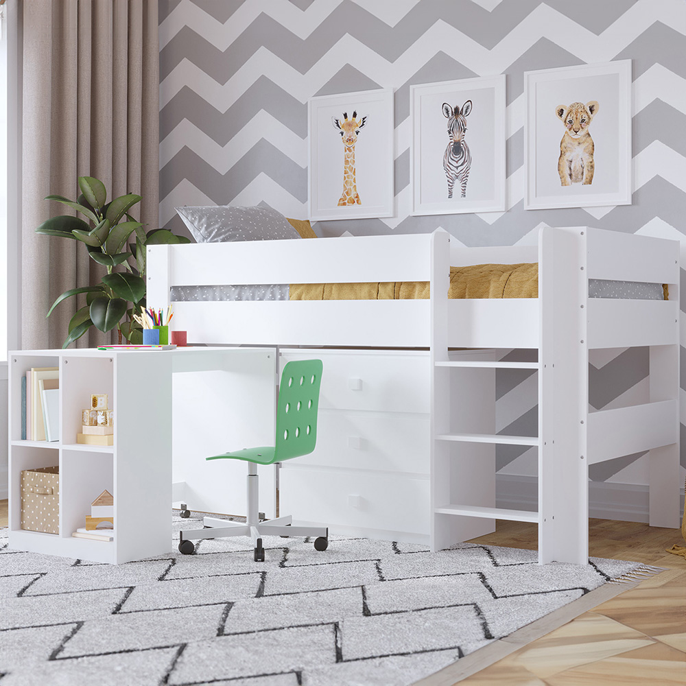 Kudl White Mid Sleeper with Desk and Drawers Image 1