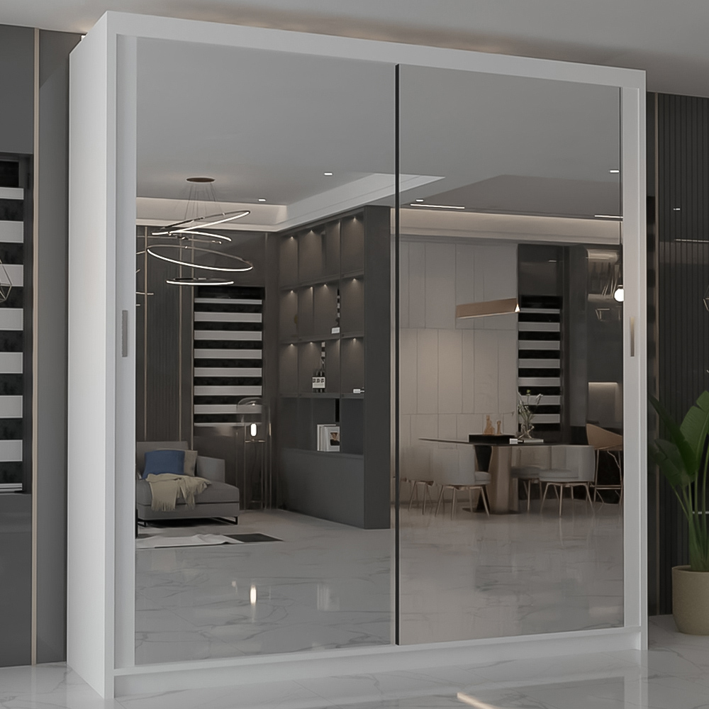 M N Furniture Modern Gala 2 Door White Mirrored Sliding Wardrobe 180cm Image 1