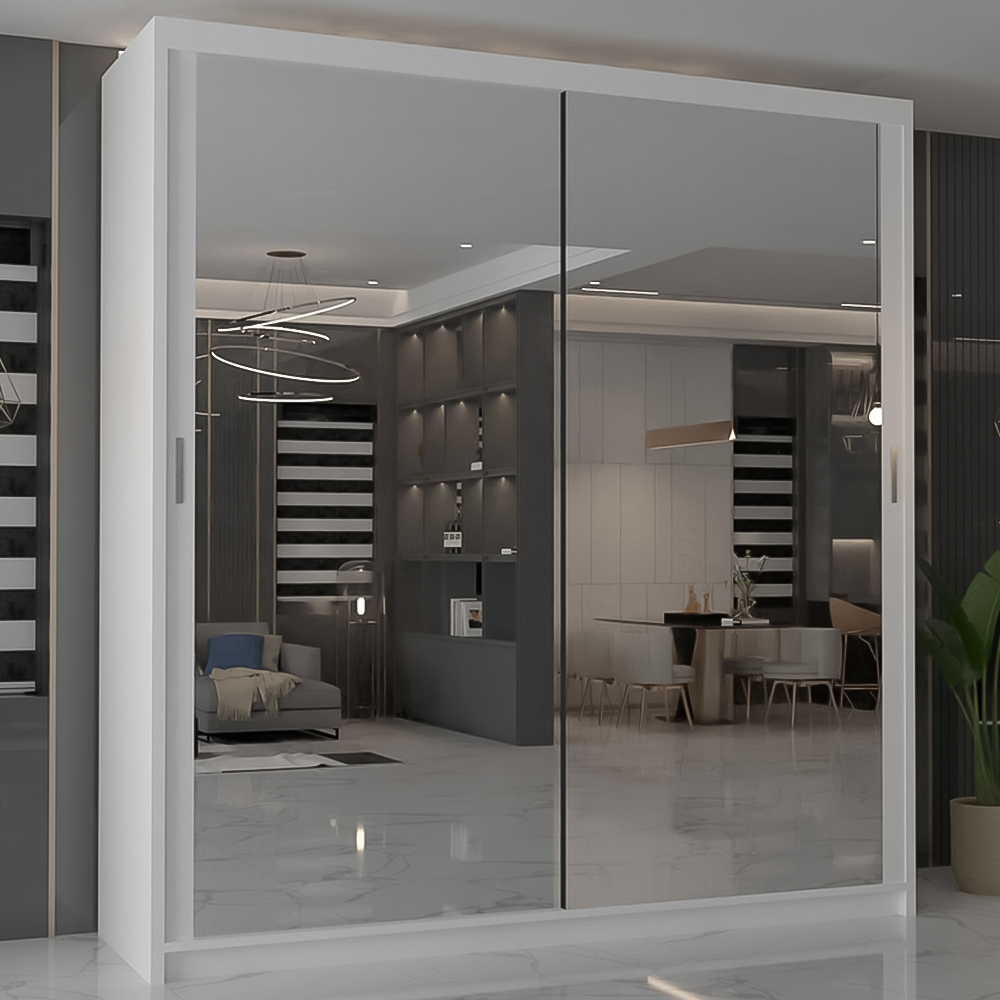 M N Furniture Modern Gala 2 Door White Mirrored Sliding Wardrobe 150cm Image 1