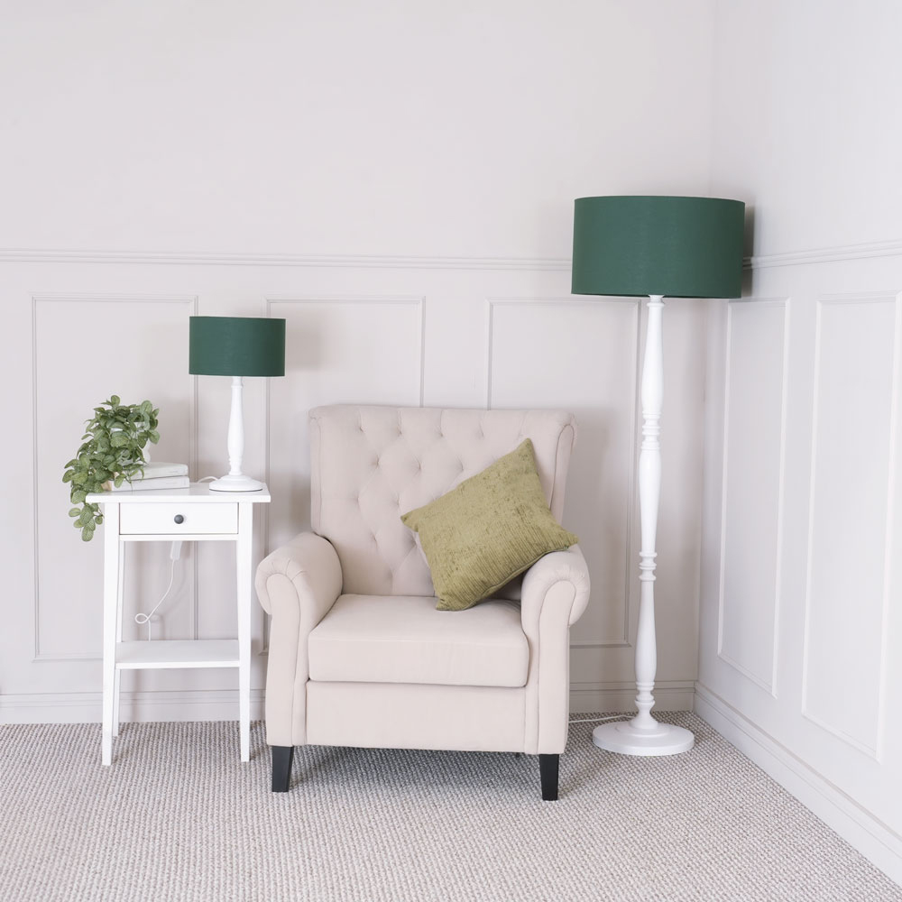 ValueLights Victoria Green Fabric Drum Shade White Wood Traditional Stem LED Floor Lamp Image 5