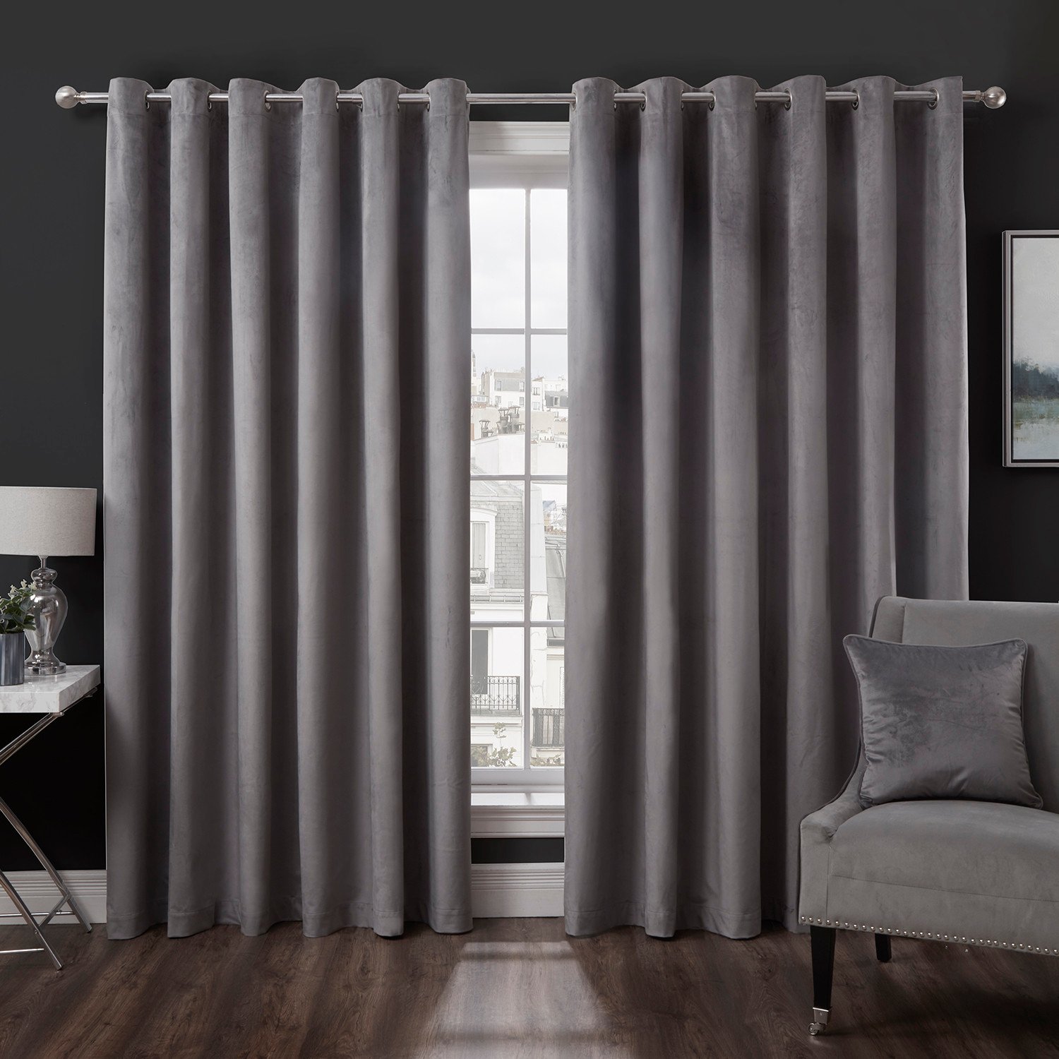 Divante Vermont Charcoal Velvet Blackout Curtains 168cm Image 1